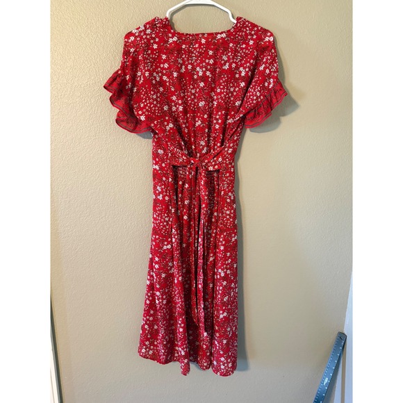 Max Studio Red Floral Ditsy V-Neck Ruffle Sleeve Midi Dress  Womens XS Romantic - Picture 3 of 8
